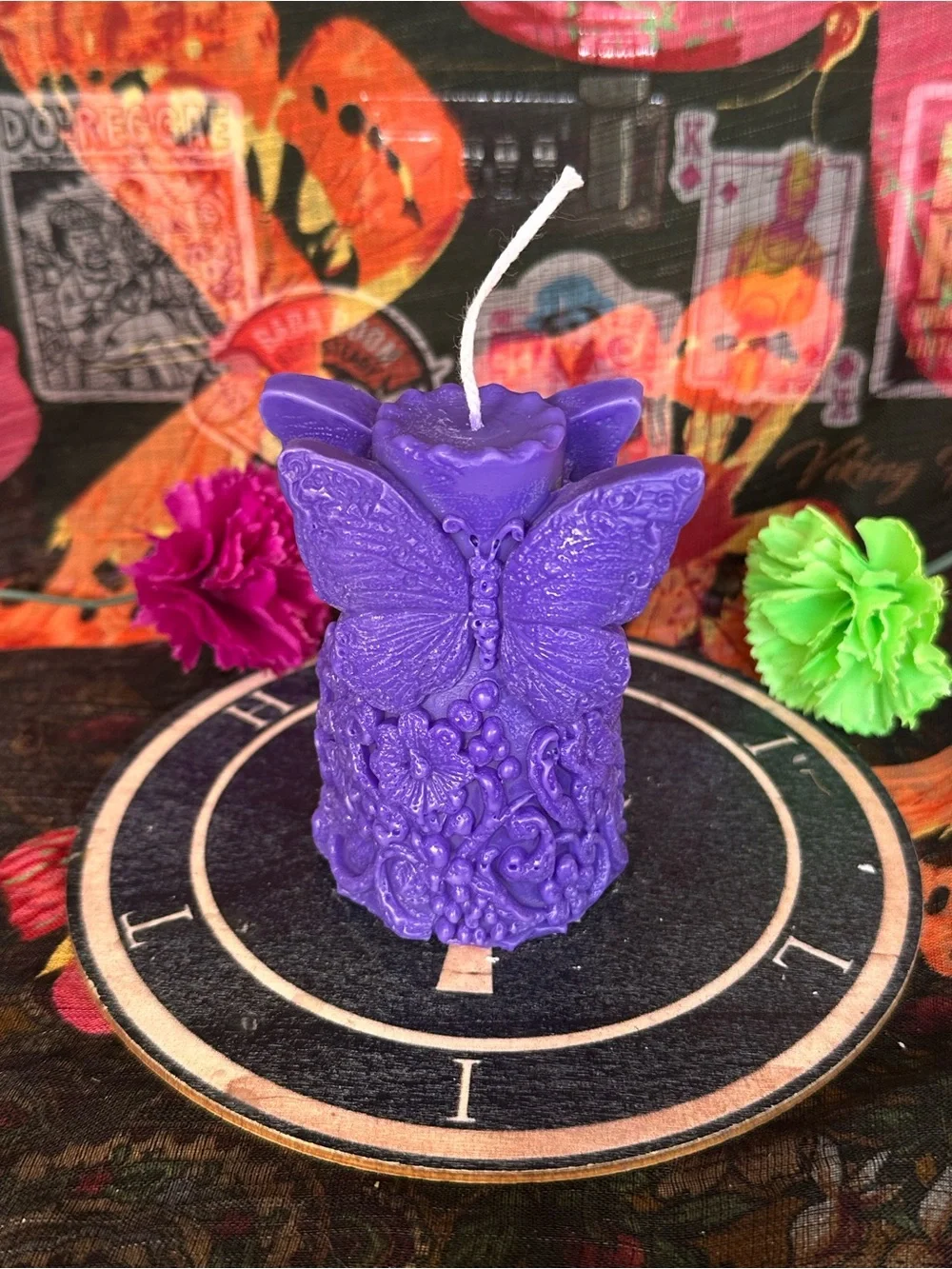 Handmade Purple Butterfly & Floral Pillar Candle